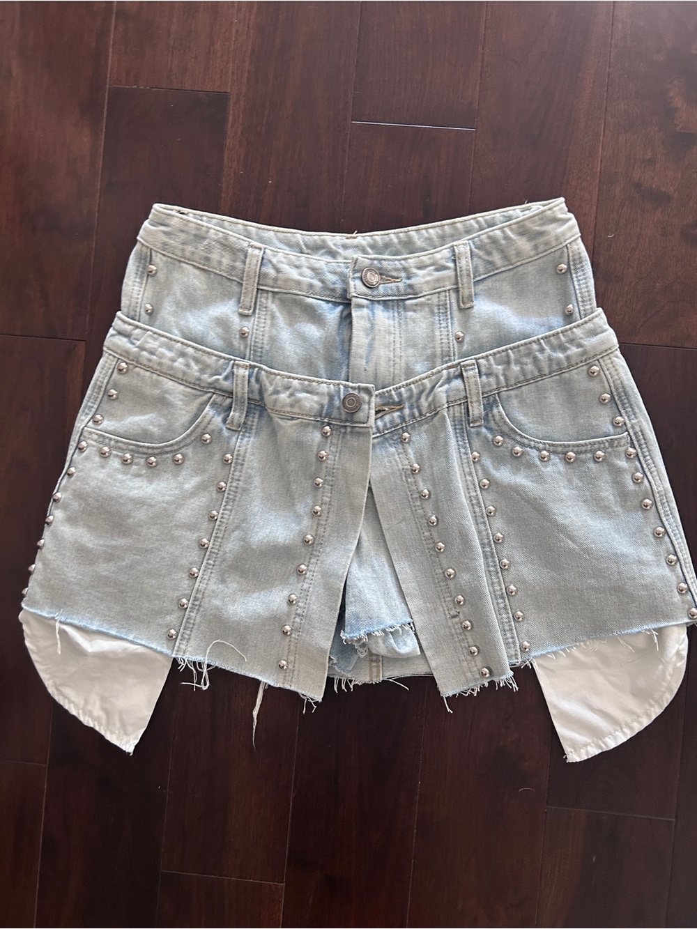SHEIN Light Blue Distressed Denim Skort with Studded detail. Size large fits sm